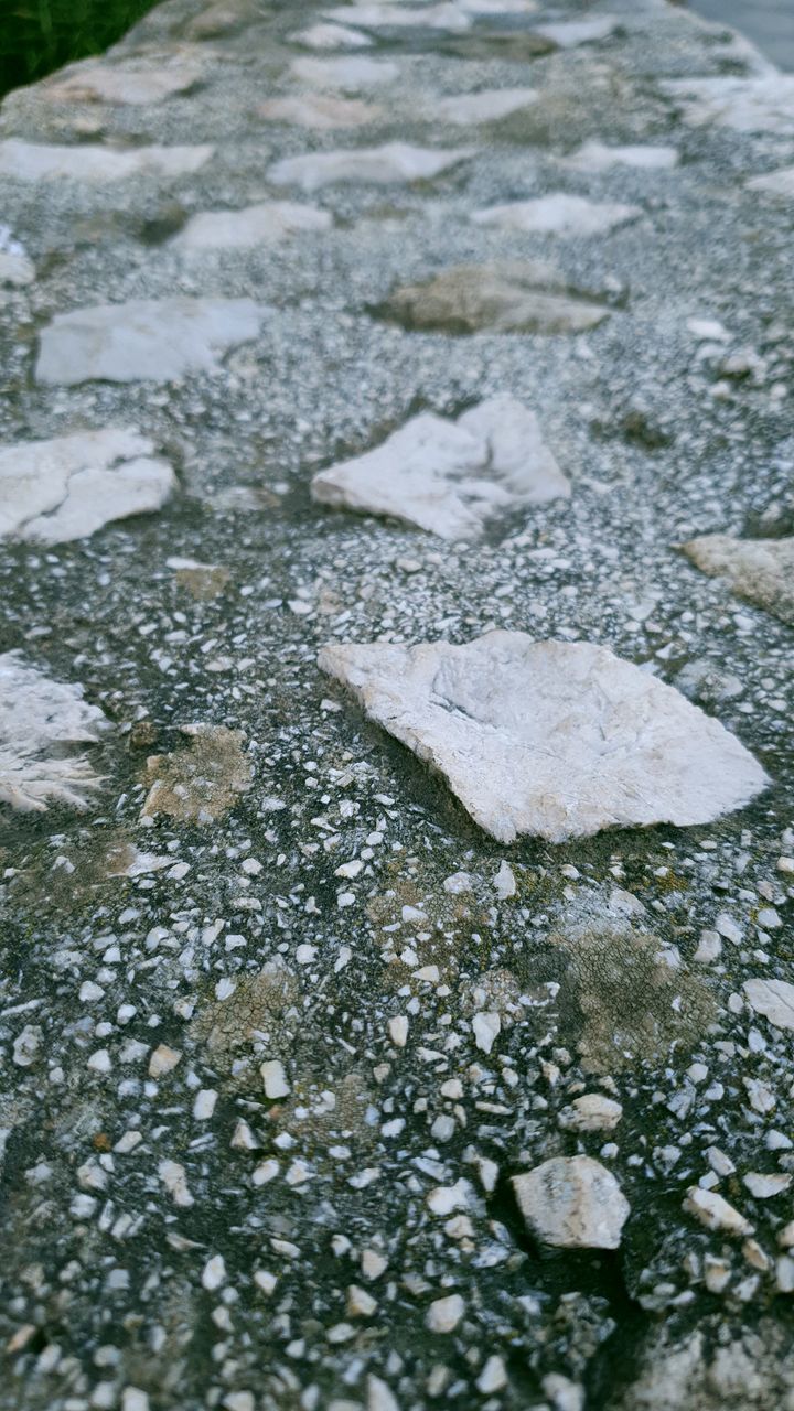 HIGH ANGLE VIEW OF WET STONES