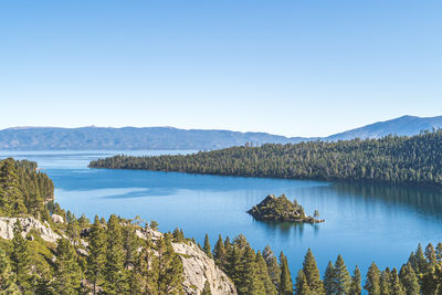 Emerald bay, lake tahoe, california with view of fannette island on clear sunny day.