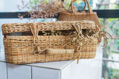 Close-up of wicker basket on table