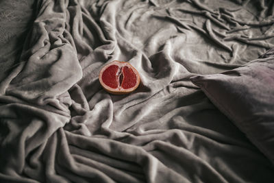 High angle view of strawberries on bed