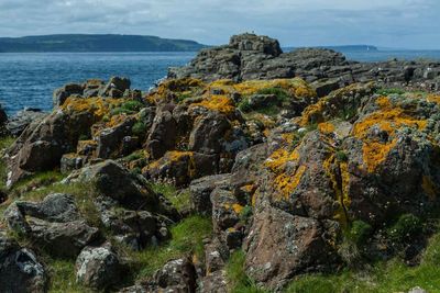 Scenic view of cliff by sea against sky
