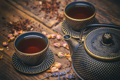 High angle view of coffee on table