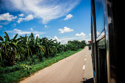 Road amidst trees on field against sky