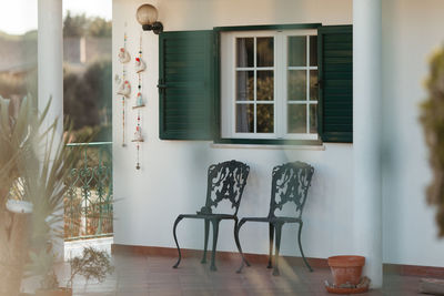 Potted plant on table by window of building