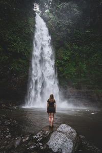 Rear view of woman standing against waterfall