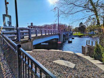 Bridge over river in city against sky