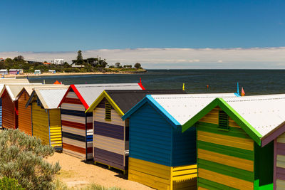 Beach huts by sea against sky