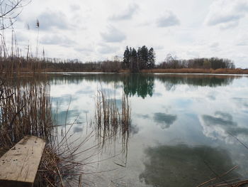 Scenic view of lake against cloudy sky
