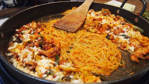 Close-up of meat in frying pan