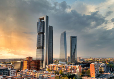 Modern buildings in city against sky during sunset