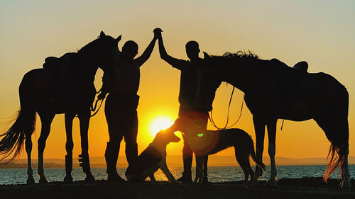 Silhouette people on beach against sky during sunset