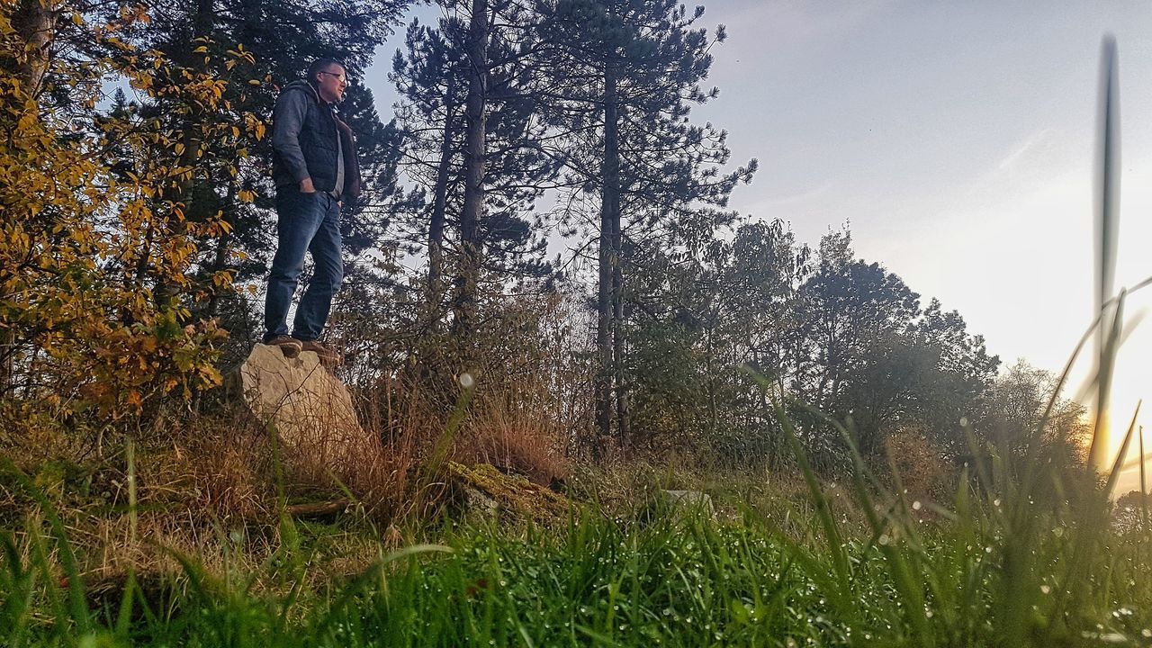 MAN STANDING BY TREE ON FIELD