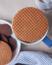 High angle view of bread in bowl on table