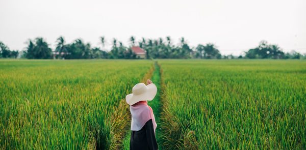 Rear view of person standing in farm against sky