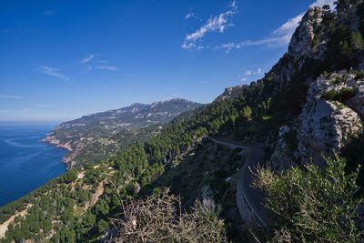 Scenic view of sea and mountains against blue sky