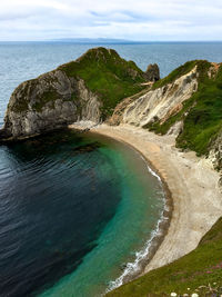 High angle view of sea shore against sky