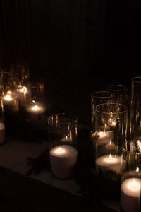 Close-up of illuminated candles on table