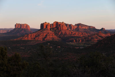 Scenic view of landscape against clear sky during sunset