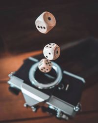 High angle view of camera on table