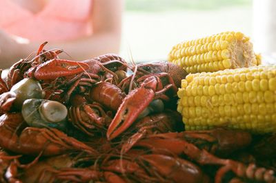 Close-up of seafood and corns