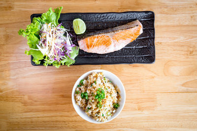 High angle view of food served on table
