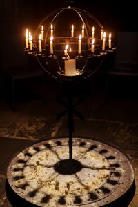 Close-up of illuminated candles on table