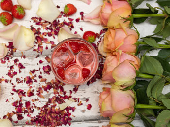 High angle view of roses on plant