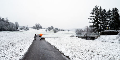 Rear view of people walking on snow covered field against sky