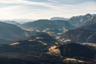 Panoramic view at layers of hills and mountains in the austrian alps near filzmoos, austria.