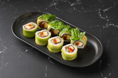 High angle view of sushi in plate on table