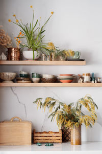 Kitchen shelves with ceramic utensils, fresh flowers and ceramic figures of mushrooms and beetles