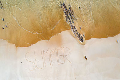 High angle view of heart shape text on wood