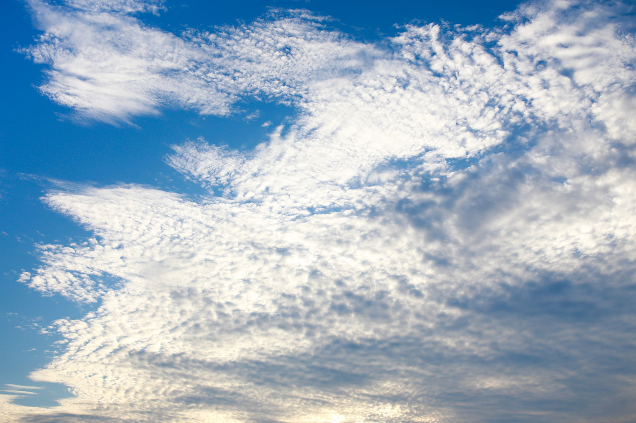 sky, cloud, blue, sunlight, horizon, nature, backgrounds, beauty in nature, daytime, no people, white, cloudscape, environment, scenics - nature, outdoors, low angle view, tranquility, day, idyllic, wind, dramatic sky, wave, abstract, fluffy, summer