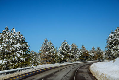 Empty road amidst trees against clear blue sky