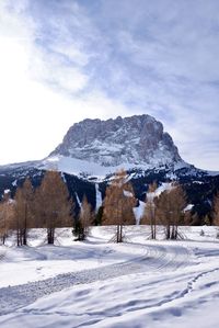 Snow covered landscape against sky