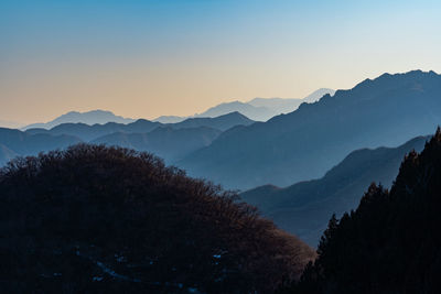 Scenic view of silhouette mountains against clear sky