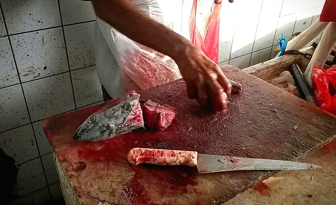 MIDSECTION OF PERSON CUTTING BOARD IN KITCHEN