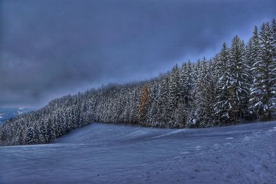 Snow covered landscape against sky