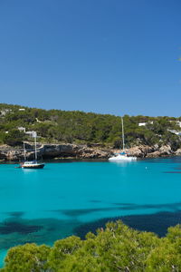 Scenic view of sea against clear blue sky