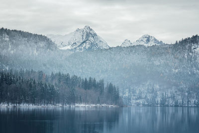 Scenic view of lake and snowcapped mountains against sky