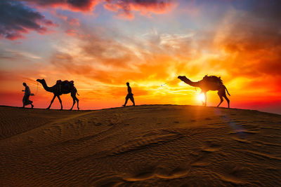 Silhouette people on sand at desert against sky during sunset