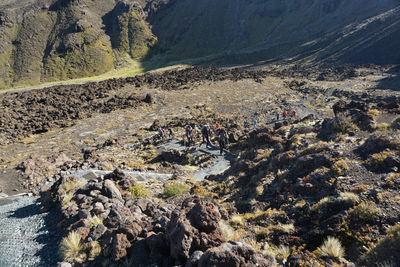 High angle view of group of people on rock