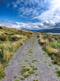 Scenic view of road amidst field against sky