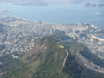 High angle view of buildings by sea