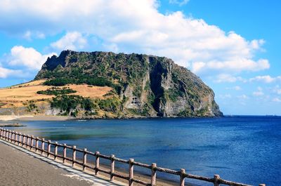 Scenic view of bay against sky