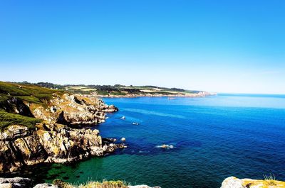 Scenic view of sea against clear blue sky