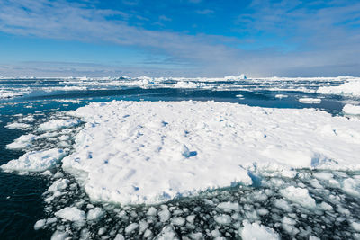 Aerial view of snow covered landscape against sky