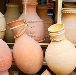 Close-up of vases for sale