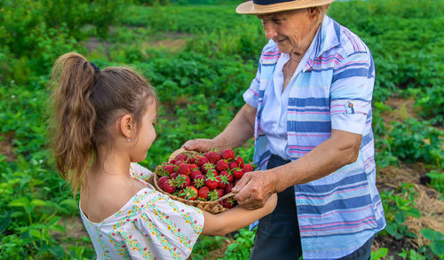 Smiling farmer giving basket of strawberriees to girl