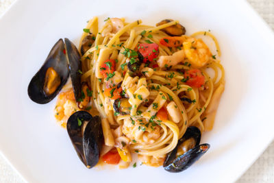 High angle view of pasta in plate